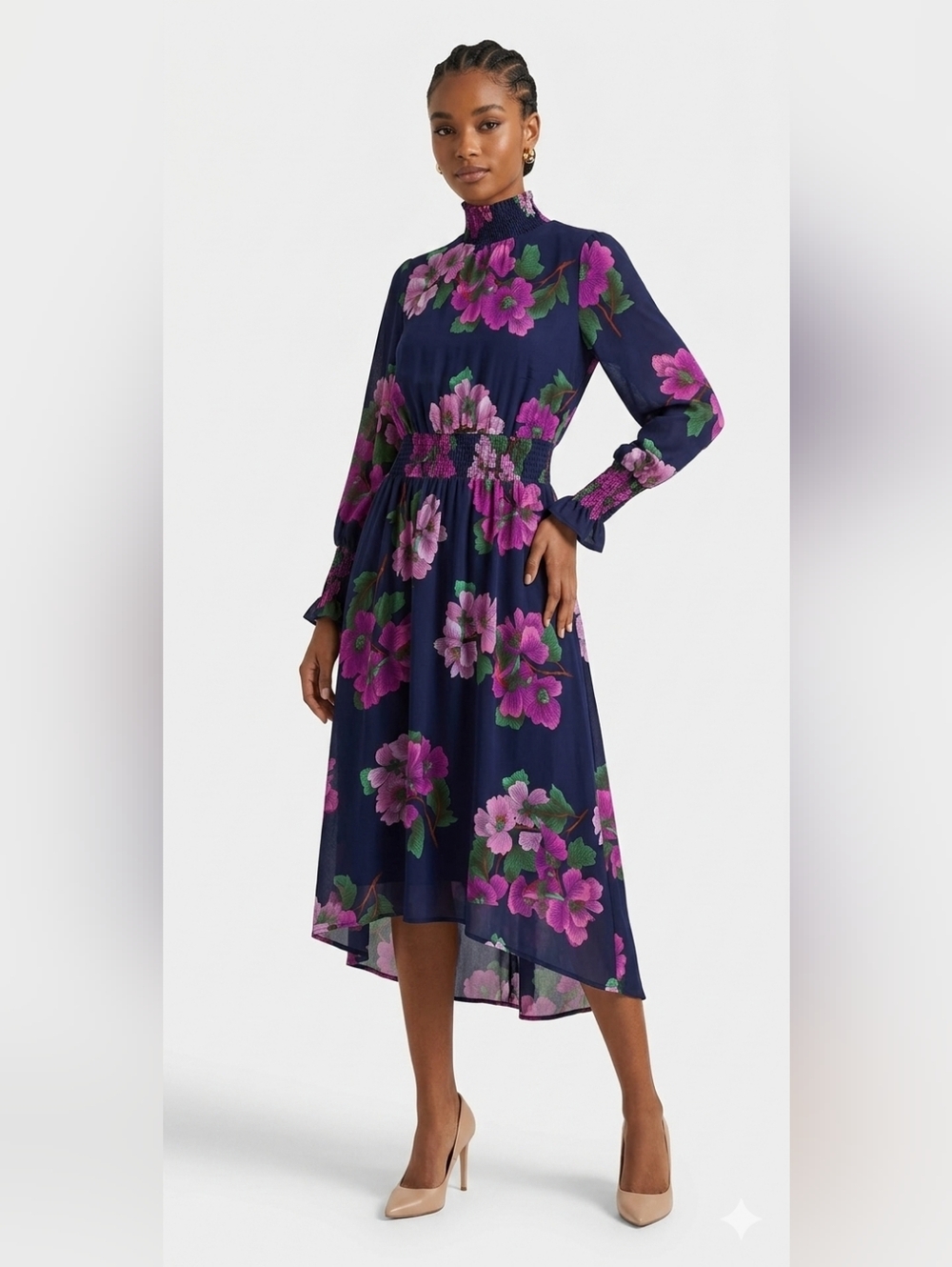 Nanette Lepore Smocked-Waist Navy Dress with Pink Blooms Size 6